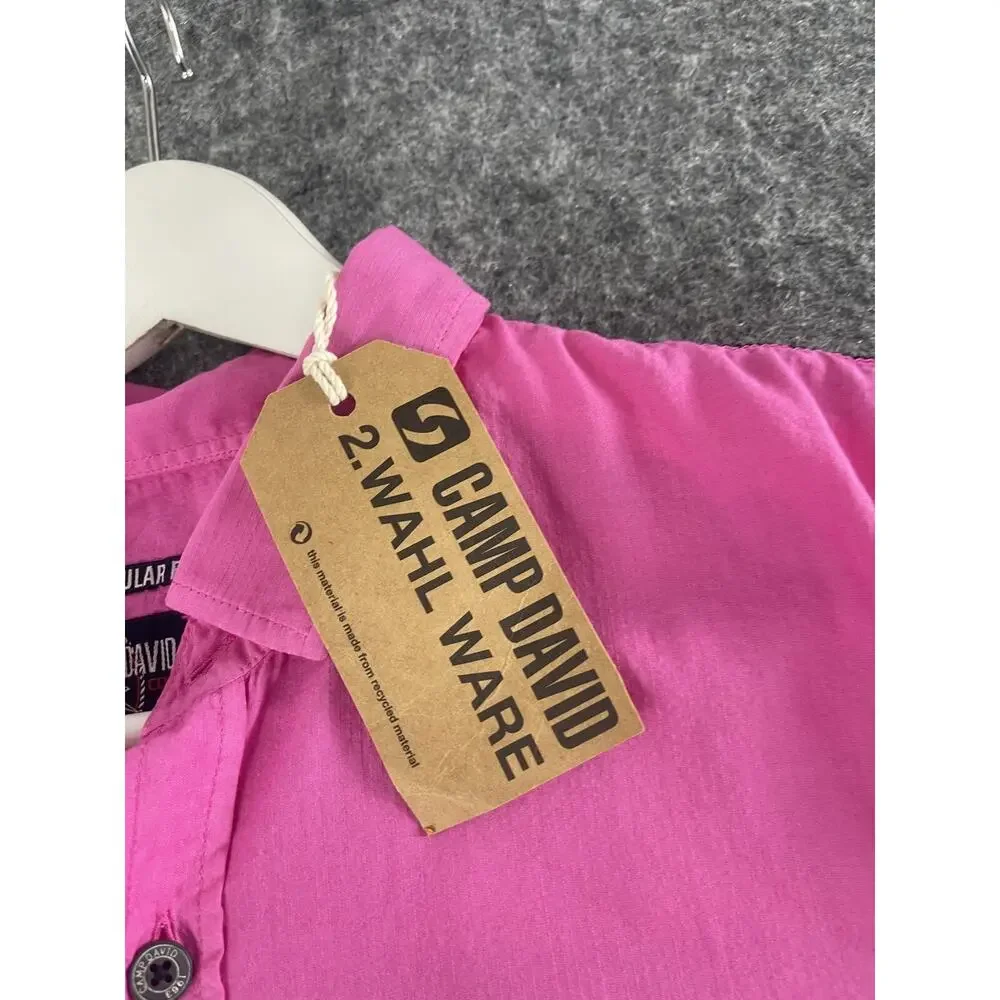 Camp David Shirt Mens Medium Pink Button Up Embroidered Short Sleeve Cotton N30